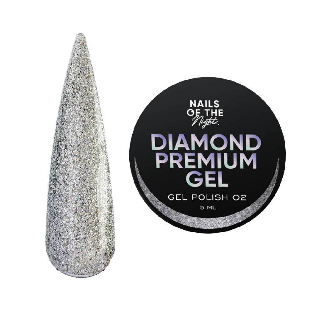 Гель-лак Nails Of The Night Diamond Premium Gel 02. срібний голографік з дрібною металевою поталлю. 5 мл