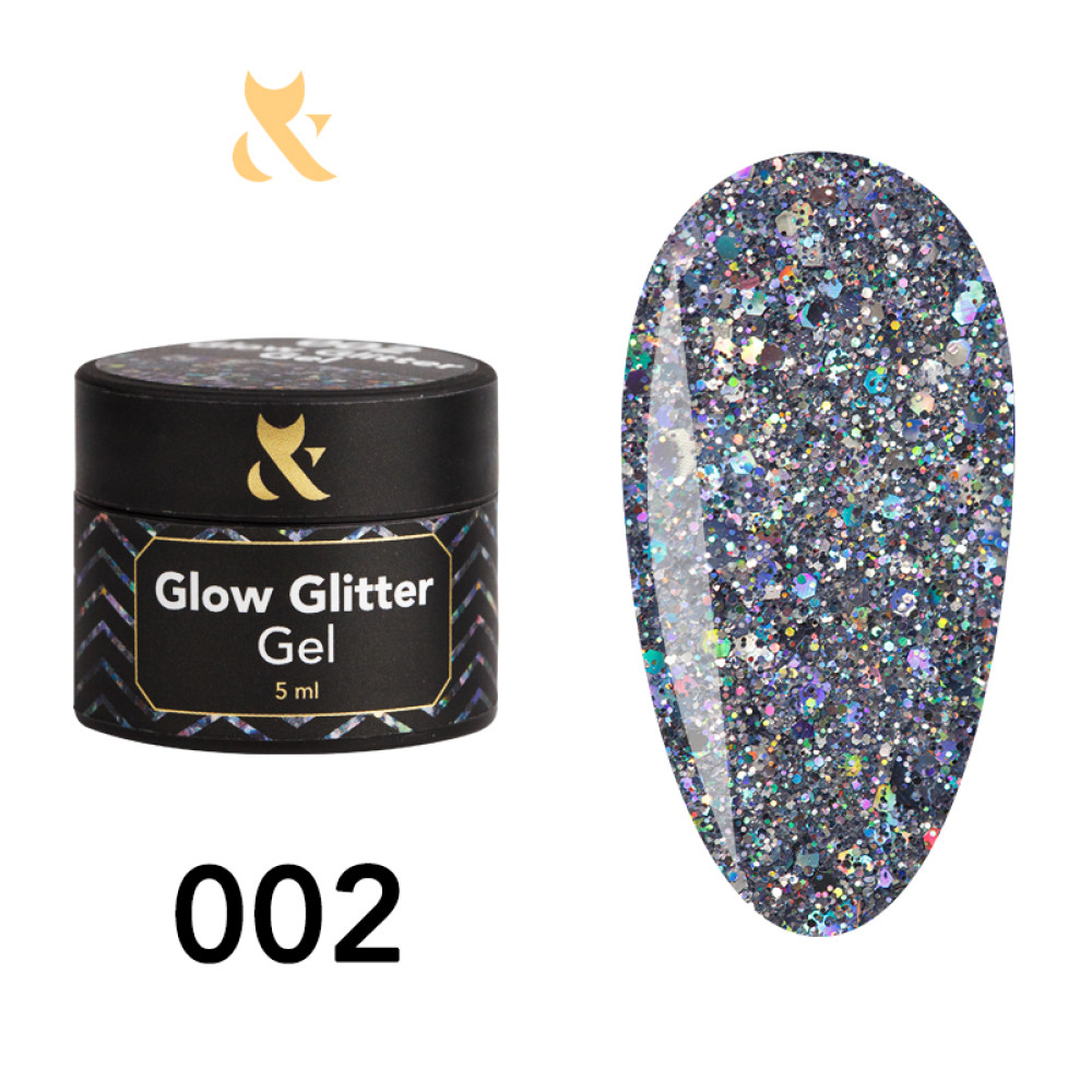 Глиттерный гель F.O.X Glow Glitter Gel 002 шестиугольники и мелкие блестки. переливающиеся разными оттенками. 5 мл