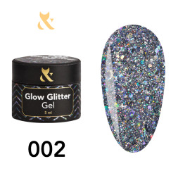 Глітерний гель F.O.X Glow Glitter Gel 002 шестикутники та дрібні блискітки. що переливаються різними відтінками. 5 мл