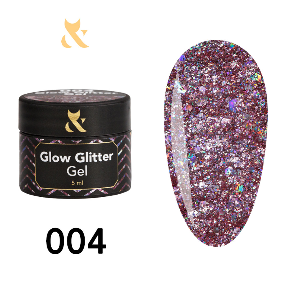 Глітерний гель F.O.X Glow Glitter Gel 004 рожевий з великою кількістю блискіток та дрібних шестигранників з голографічним ефектом.