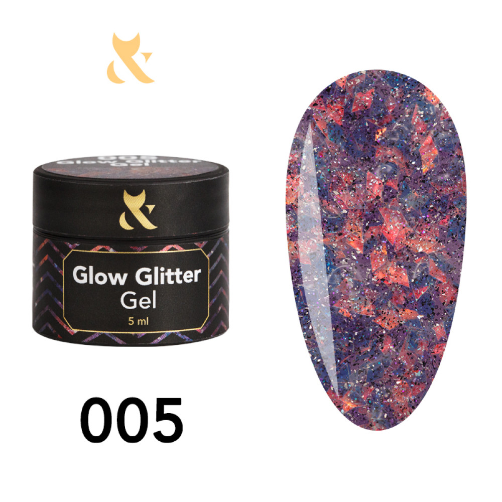 Глиттерный гель F.O.X Glow Glitter Gel 005 плотный материал с мелкими блестками и крупной слюдой разных форм, 5 мл