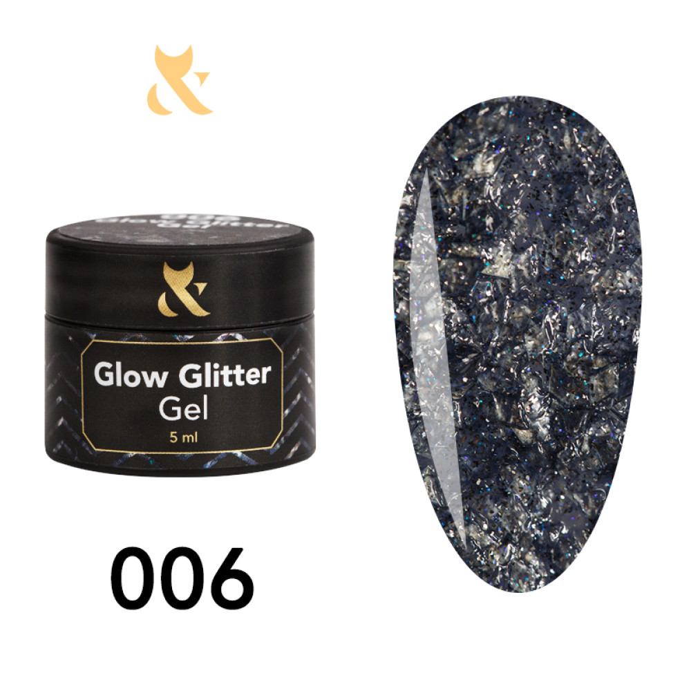 Глиттерный гель F.O.X Glow Glitter Gel 006 темно-графитовая крупная слюда с мелкими серебристыми блестками, 5 мл