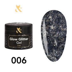 Глітерний гель F.O.X Glow Glitter Gel 006 темно-графітова велика слюда з дрібними сріблястими блискітками. 5 мл