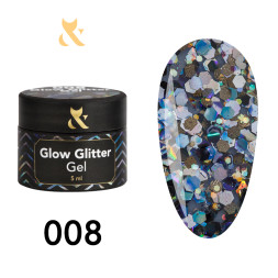 Глітерний гель F.O.X Glow Glitter Gel 008 яскраве асорті із блискучих голографічних шестикутників. 5 мл