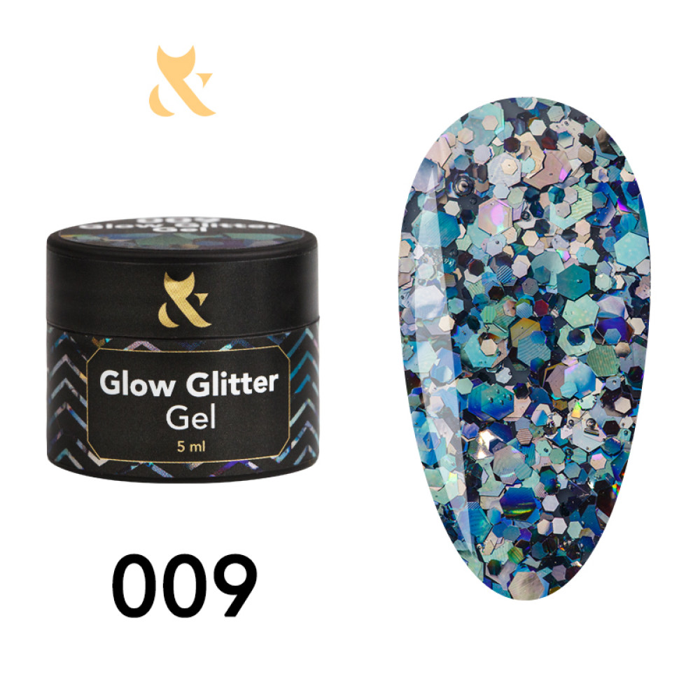 Глітерний гель F.O.X Glow Glitter Gel 009 мікс фіолетових та синіх шестикутників з голографічним сяйвом. 5 мл