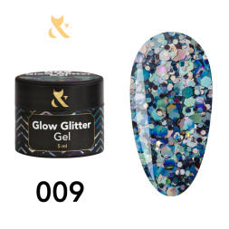 Глітерний гель F.O.X Glow Glitter Gel 009 мікс фіолетових та синіх шестикутників з голографічним сяйвом. 5 мл