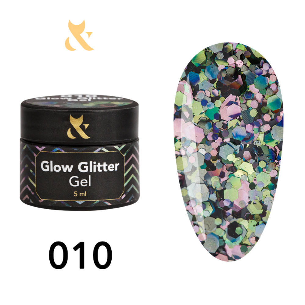 Глиттерный гель F.O.X Glow Glitter Gel 010 зеркальное сияние из зеленых. розовых и голографических шестиугольников. 5 мл