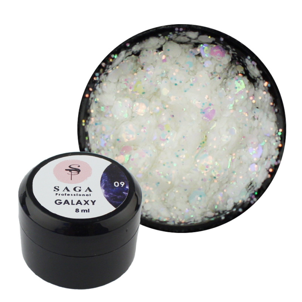 Глиттерный гель Saga Professional Galaxy Glitter 09 прозрачный с голографическими молочными глиттерными частичками. 8 мл