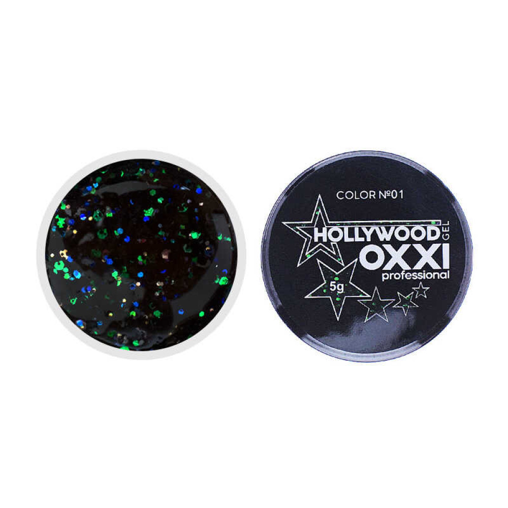Глітерний гель в баночці OXXI Hollywood 01 чорний, синій, зелений, золотий голографічний мікс, 5 г