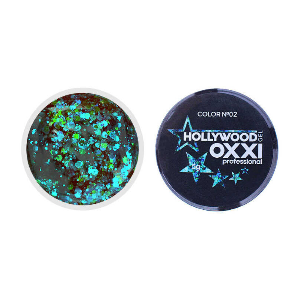 Глиттерный гель в баночке OXXI Hollywood 02 бирюзово-салатовый голографический микс. 5 г