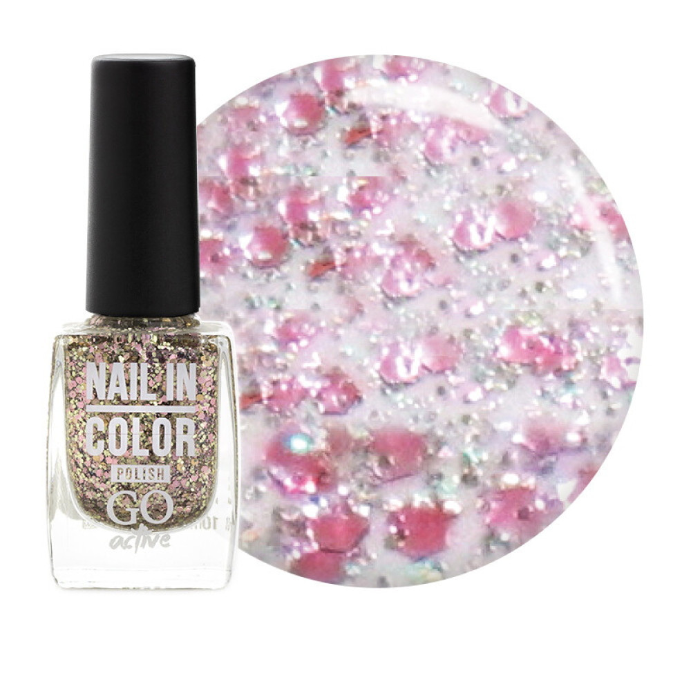 Лак для ногтей Go Active Nail in Color 026 розово-серебристые блестки и конфетти на прозрачной основе, 10 мл
