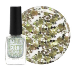Лак для ногтей Go Active Nail in Color 028 золотисто-салатовый с серебряными блестками и конфетти. 10 мл
