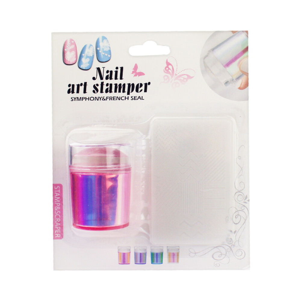 Набор для стемпинга Nail Art Stamper, штамп и пластина, цвет розовый голографик 