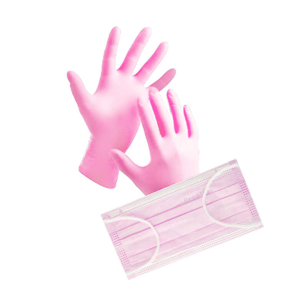 Набор перчаток 5 пар размер S и масок 5 шт., одноразовые, цвет розовый