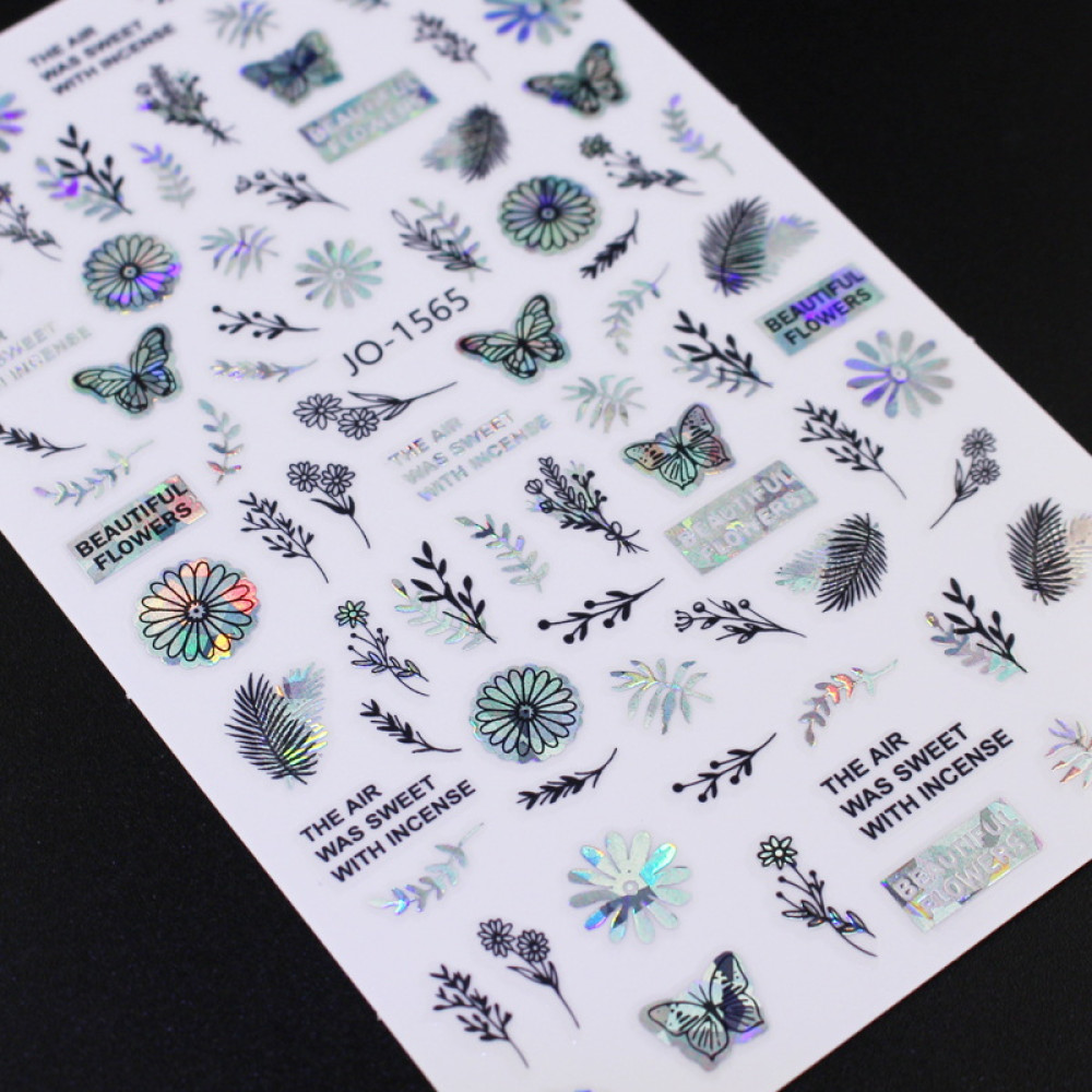 Наклейка для ногтей mART Nail Sticker JO1565 Цветы, бабочки, цвет голографик