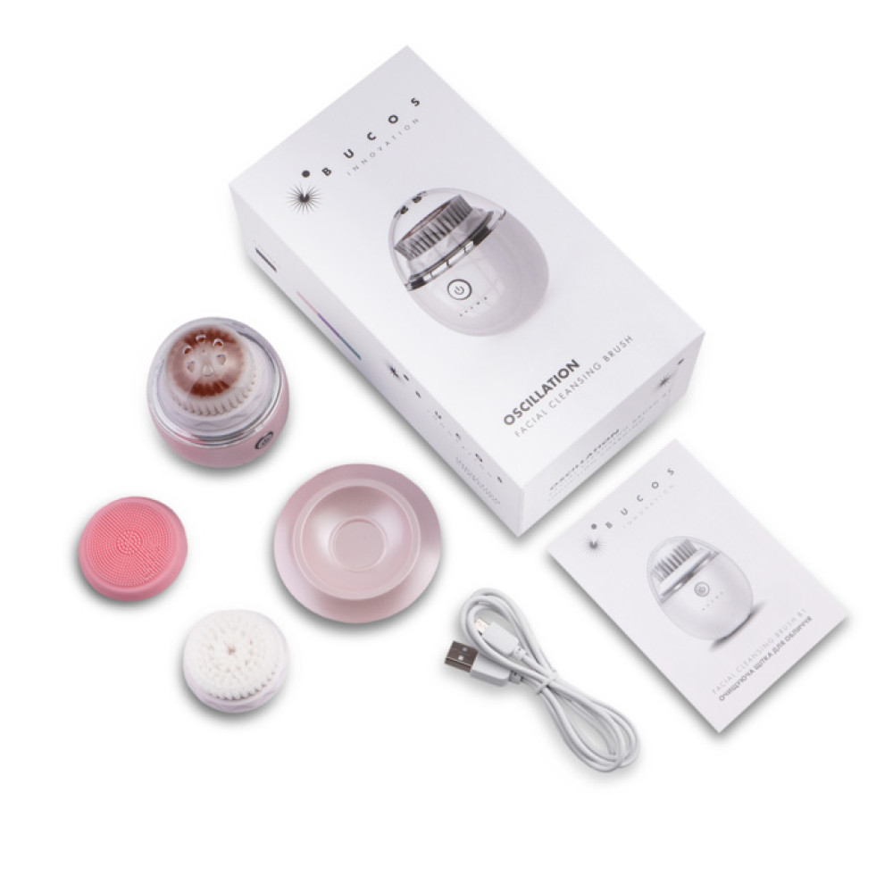 Щетка для чистки лица Bucos Oscillation Facial Cleansing Brush B1 с тремя насадками. цвет розовый