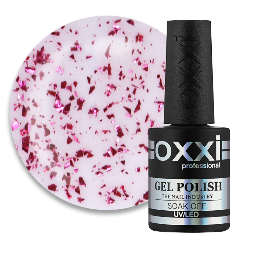 Топ для гель-лаку без липкого шару Oxxi Professional Top Iceberg 04. прозорий з рожевим підтоном та рожевою слюдою. 10 мл