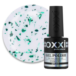 Топ для гель-лаку без липкого шару Oxxi Professional Top Iceberg 06. прозорий із зеленою слюдою. 10 мл
