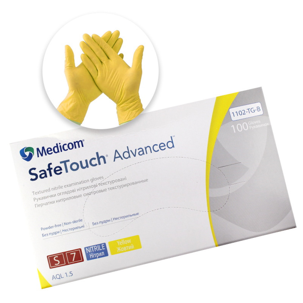 Перчатки нитриловые Medicom упаковка - 50 пар. размер S (без пудры). плотность 3.8 г. желтые