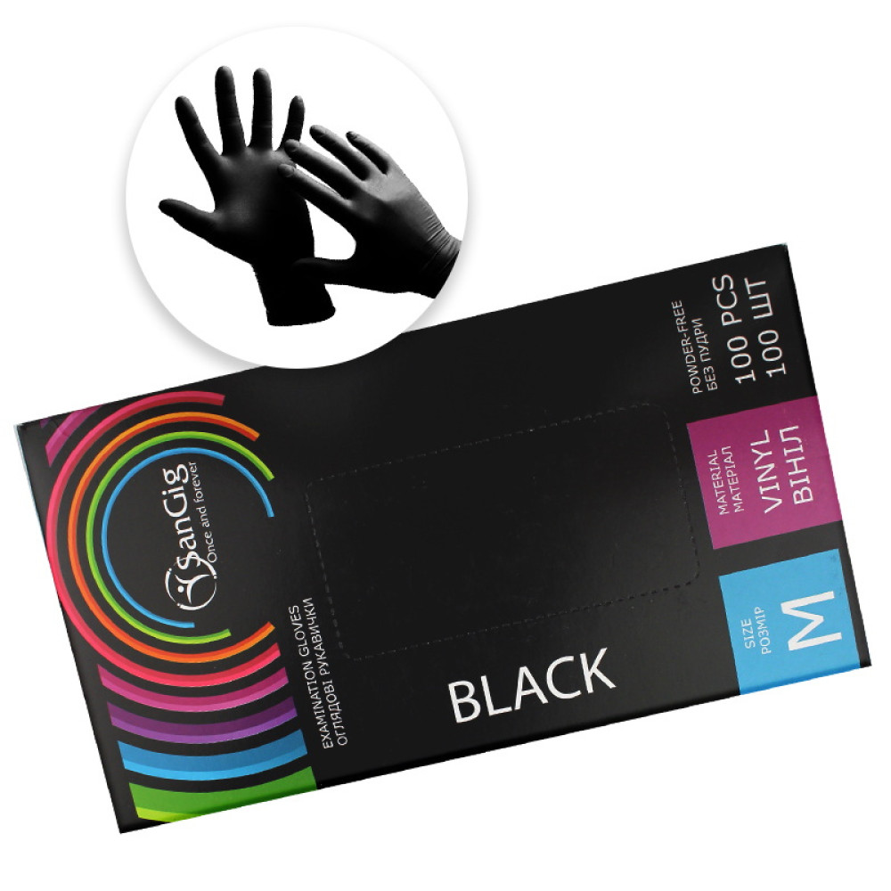 Перчатки виниловые SanGig упаковка - 50 пар. размер M (без пудры). плотность 4.7 г. черные
