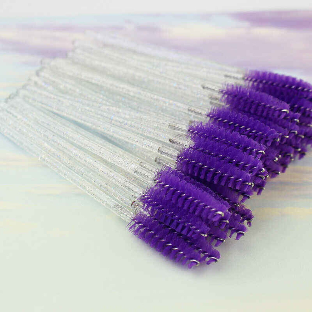 Щеточки для расчесывания ресниц фиолетовые с прозрачной ручкой с блестками. 50 шт. в упаковке