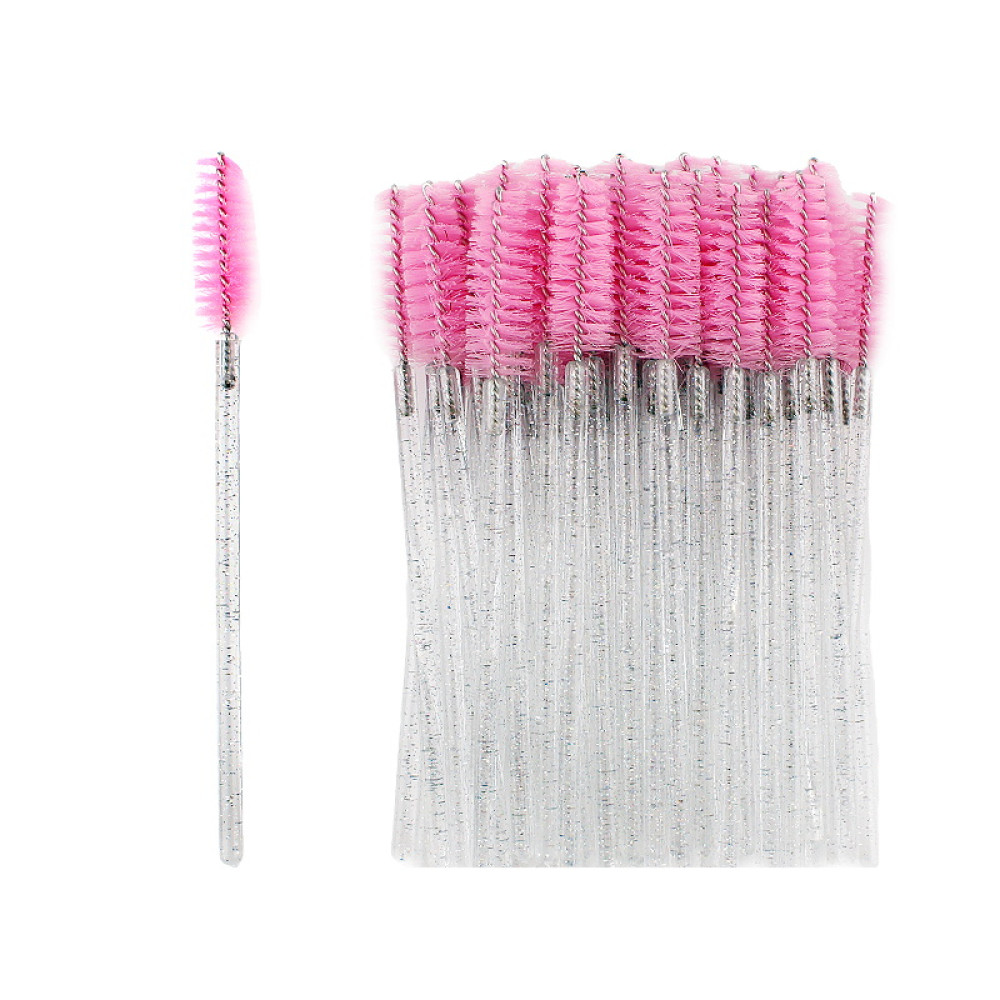 Щеточки для расчесывания ресниц розовые с прозрачной ручкой с блестками. 50 шт. в упаковке