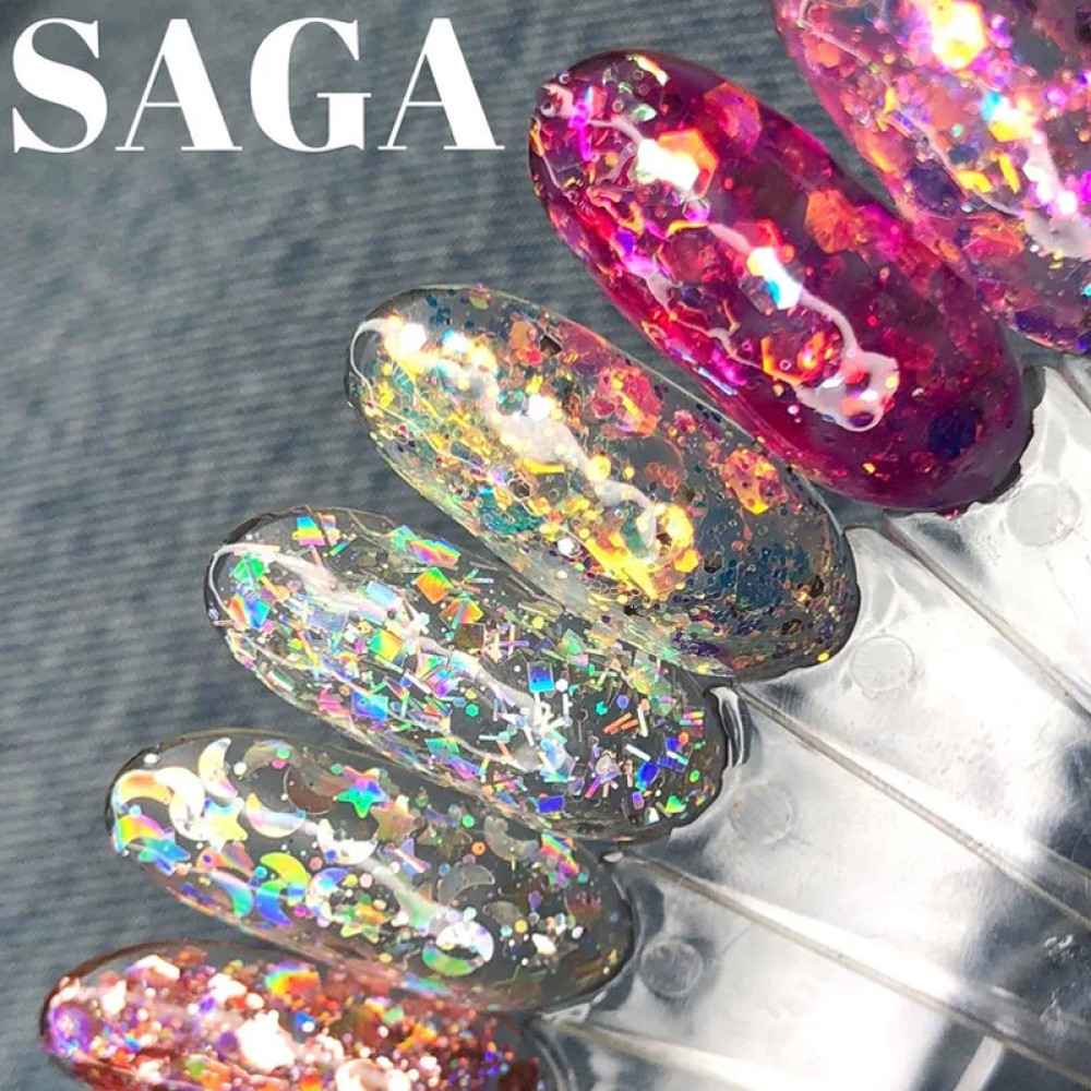 Глиттерный гель Saga Professional Galaxy Glitter 04 прозрачный с голографическими серебристыми глиттерными частичками. 8 мл