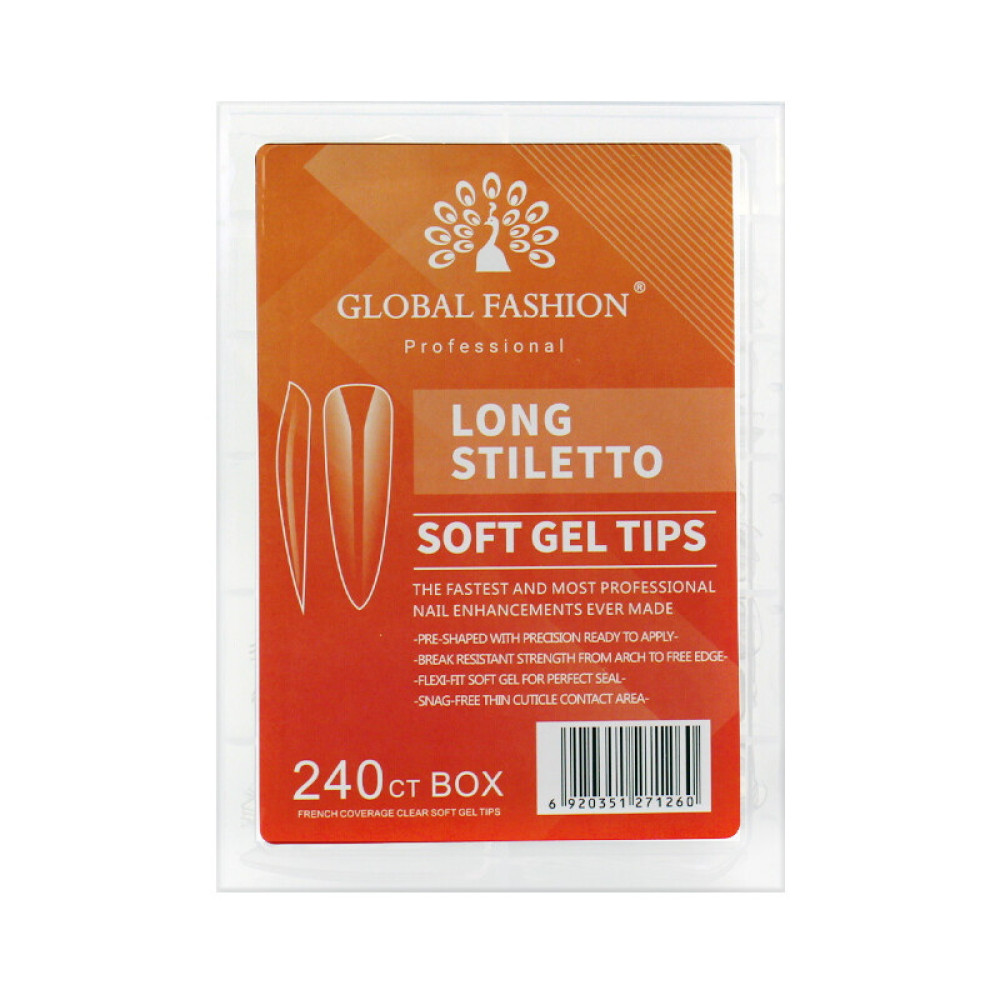 Типсы гелевые для наращивания ногтей Global Fashion Soft Gel Tips Long Stiletto 240 шт.. стилет