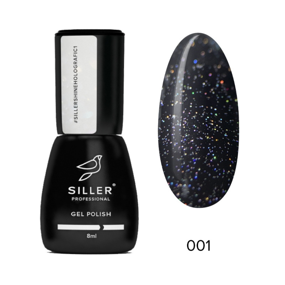 Топ для гель-лака без липкого слоя Siller Professional Top Shine Holografic No Wipe 001 с серебряными голографическими частичками.