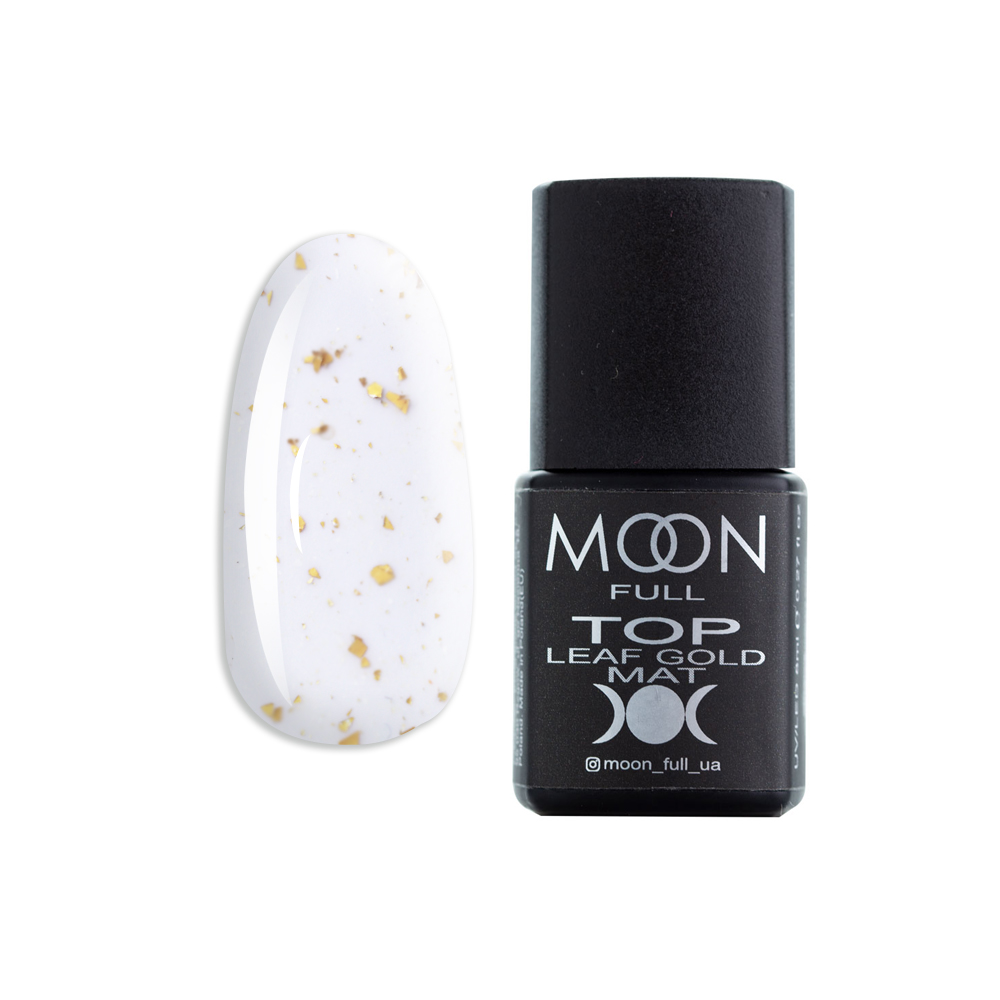 Топ матовый для гель-лака без липкого слоя Moon Full Top Leaf Gold Mat с золотыми хлопьями потали. 8 мл