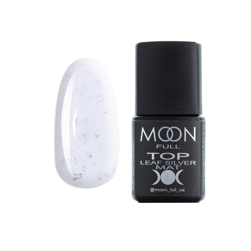 Топ матовий для гель-лаку без липкого шару Moon Full Top Leaf Silver Mat з срібними пластівцями поталі. 8 мл