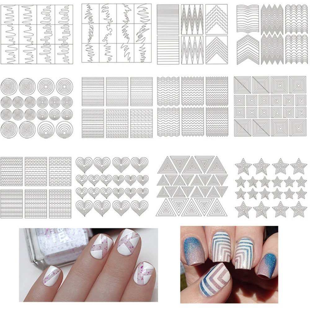 Трафарети-наклейки для nail-art зигзаги, фігури, в наборі 12 аркушів 9х7,5 см